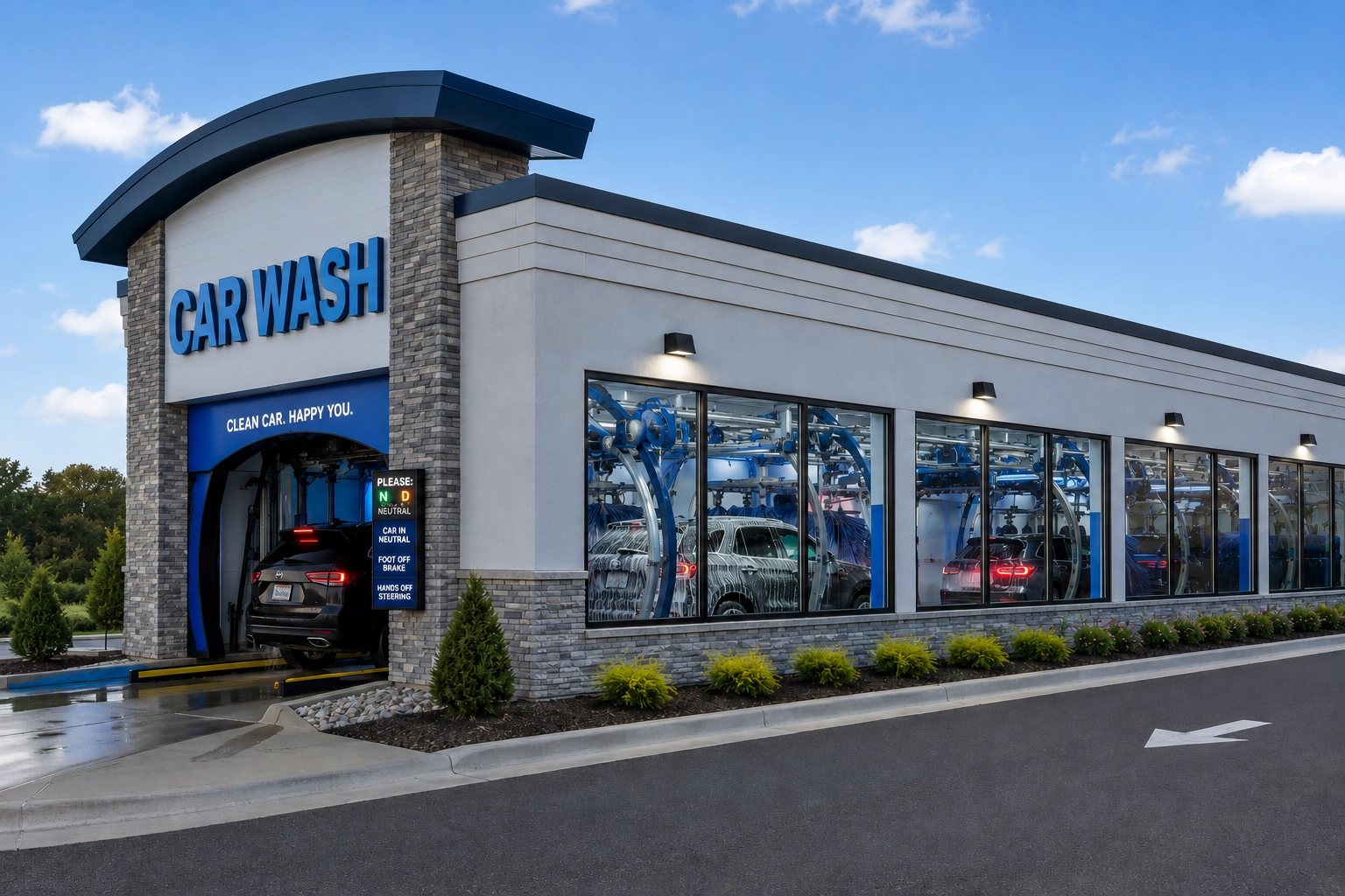 Carwash tunnel using photoelectric sensors to detect cars