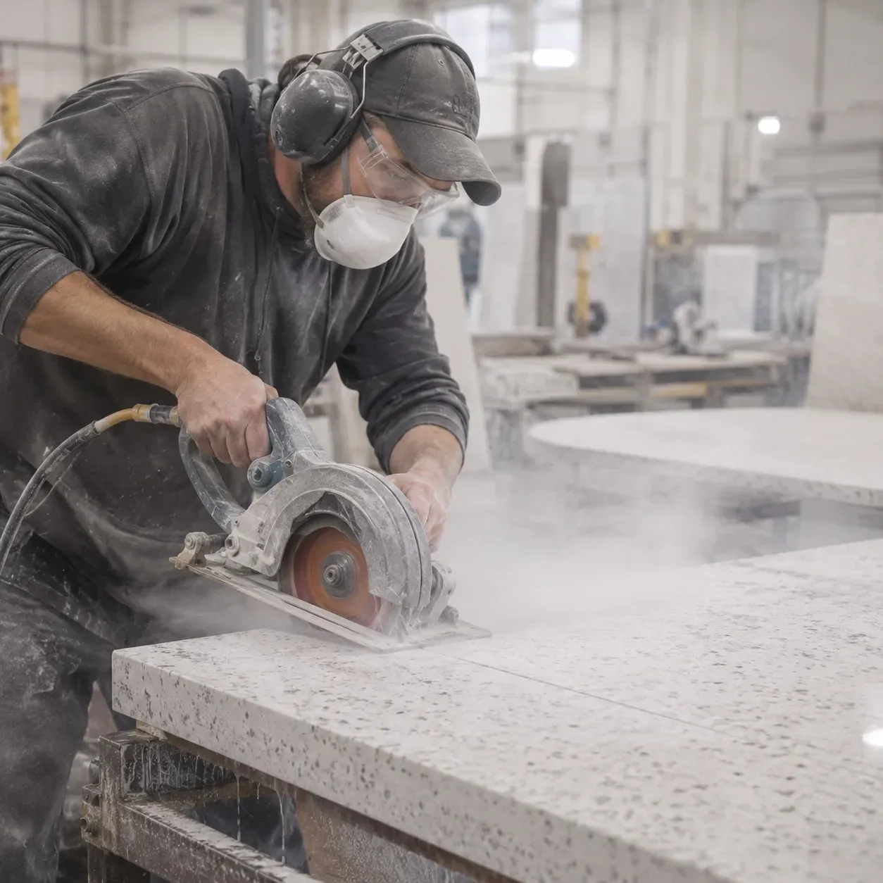 Worker cutting engineered stone countertop without dust extraction